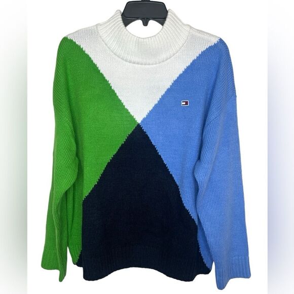 Tommy Hilfiger Ivory/Green/Blue Multi Diamond Argyle Print Mock Neck Sweater XL - Picture 2 of 11